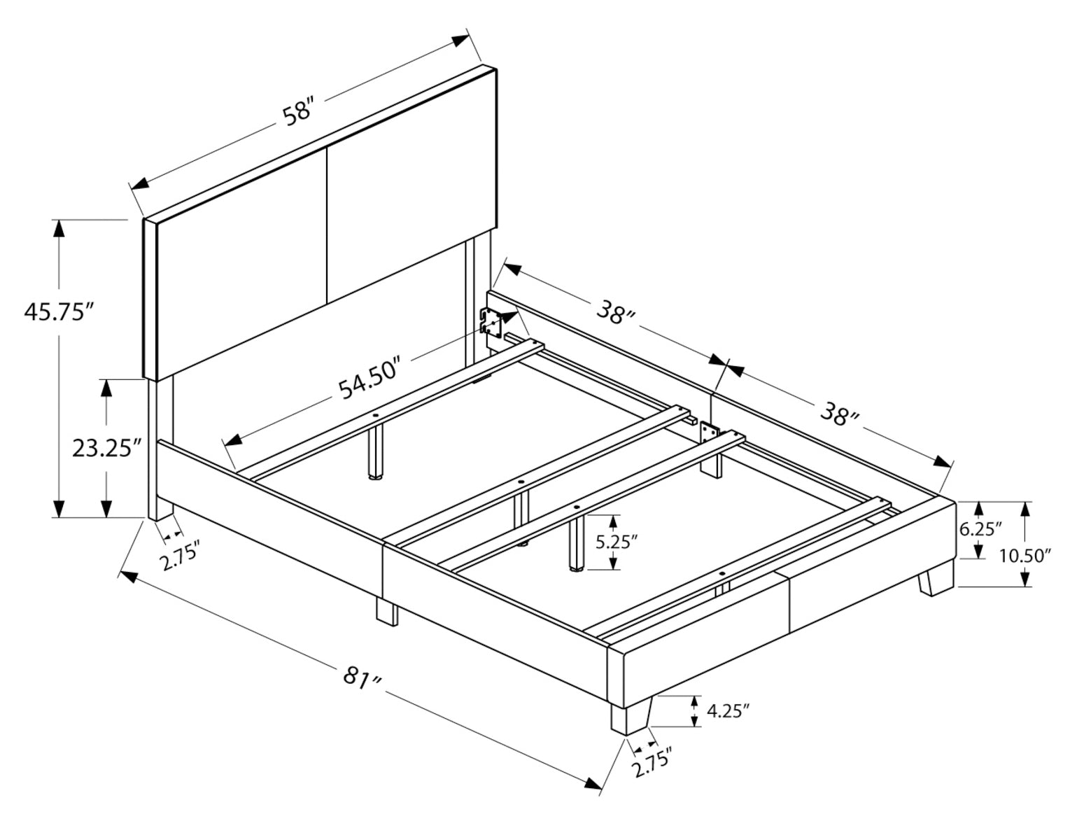 BED - FULL SIZE / DARK BROWN LEATHER-LOOK