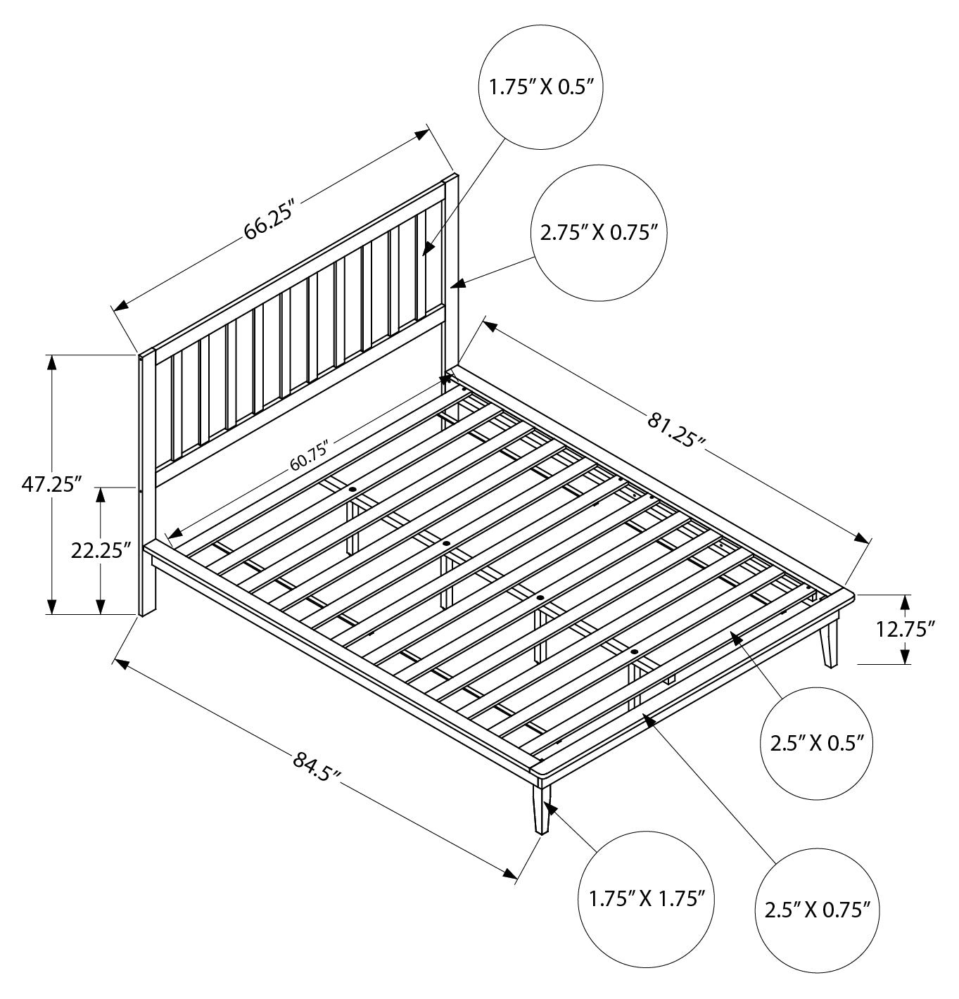 BED - QUEEN SIZE / BLACK SOLID WOOD PLATFORM