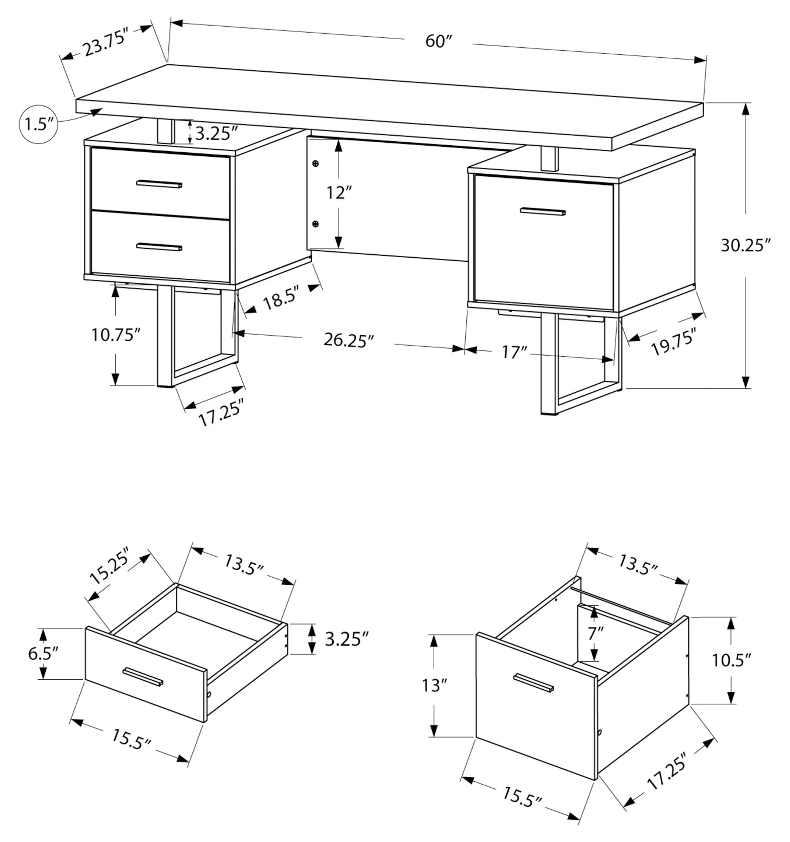 BUREAU D'ORDINATEUR - 60"L / ESPRESSO / MÉTAL ARGENTÉ