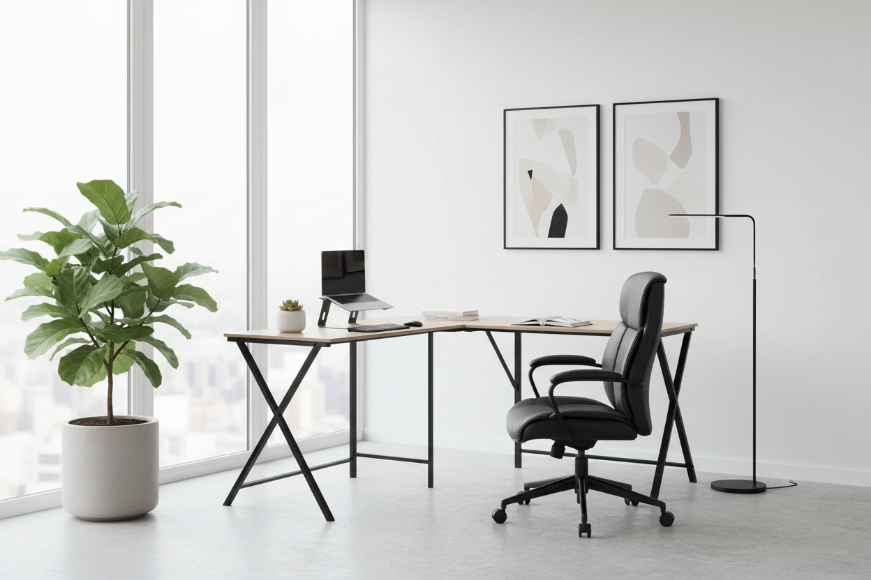 COMPUTER DESK - 55"L / WHITE TOP / BLACK METAL CORNER