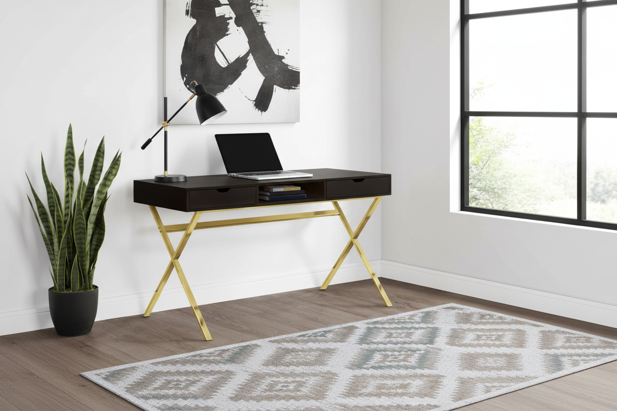 COMPUTER DESK - 48"L / ESPRESSO / GOLD METAL