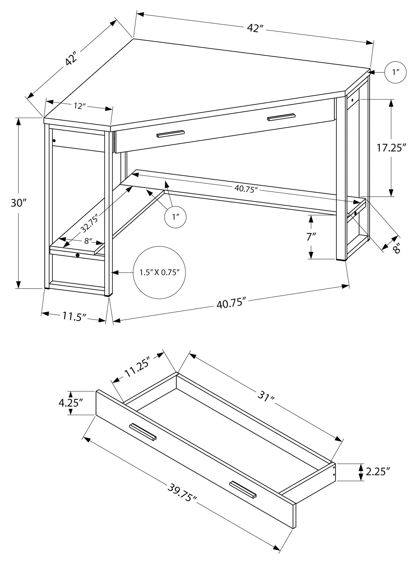 COMPUTER DESK - 42"L / WHITE CORNER / SILVER METAL
