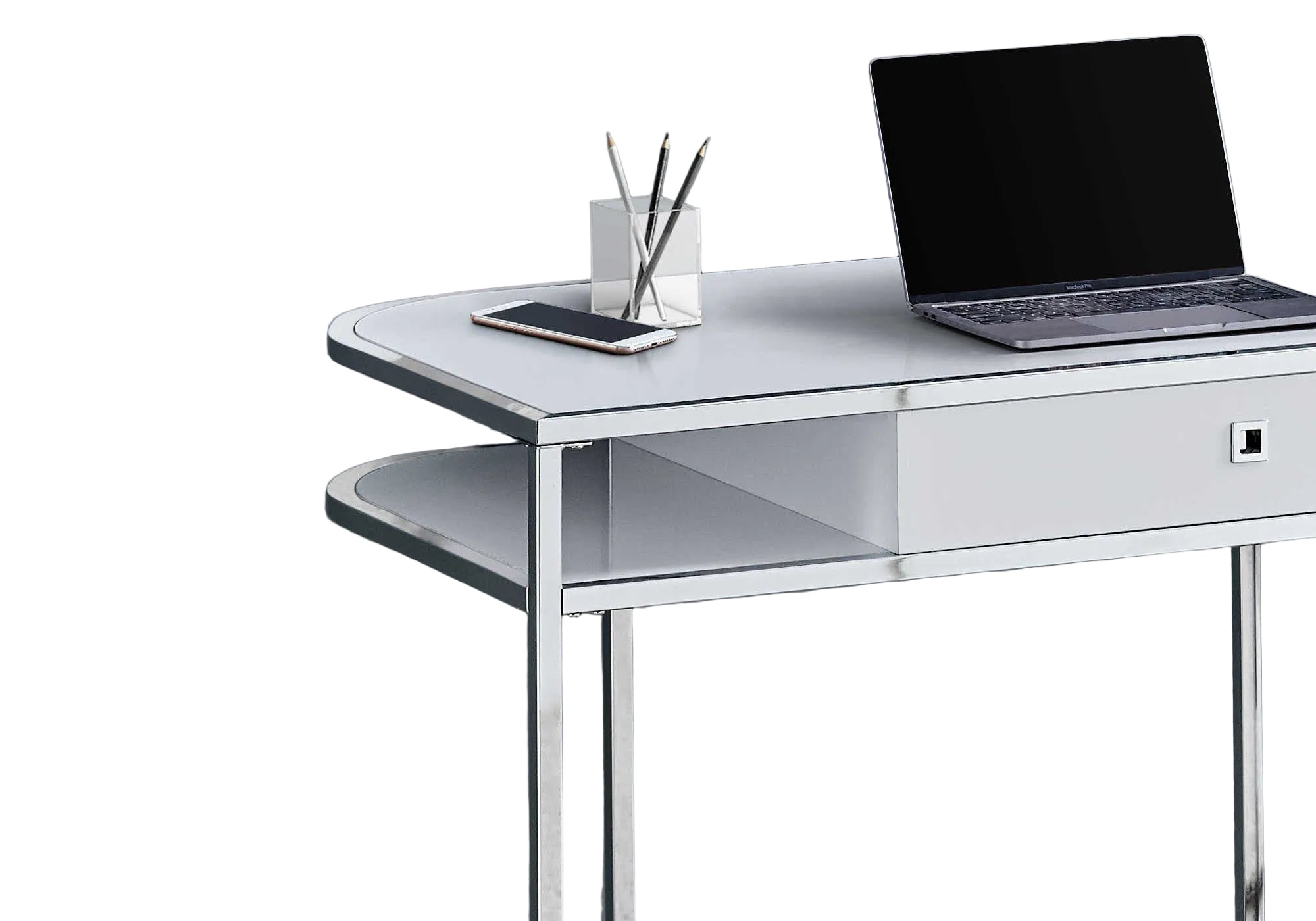 BUREAU D'ORDINATEUR - 48"L / BLANC BRILLANT / MÉTAL CHROME