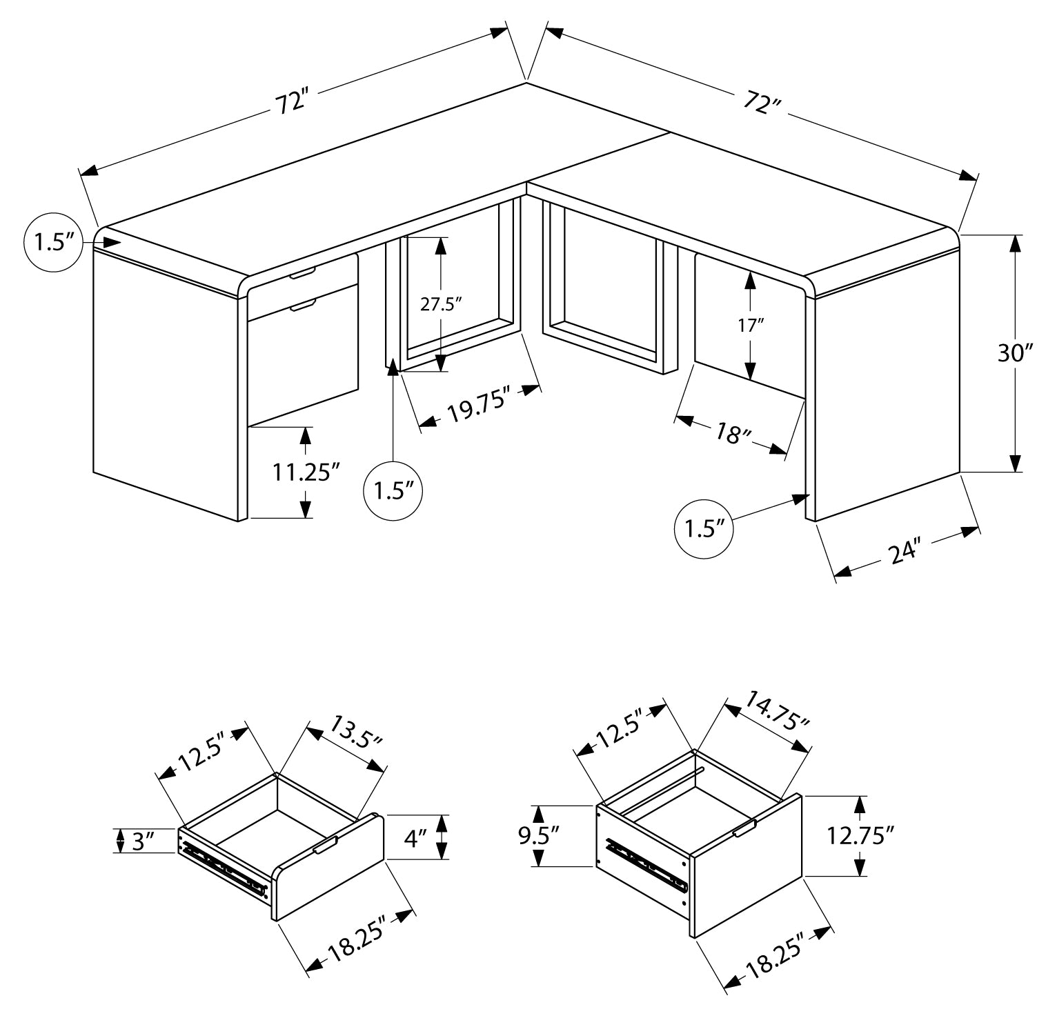 BUREAU D'ORDINATEUR - 72" L / BLANC BRILLANT FACE GAUCHE/DROITE