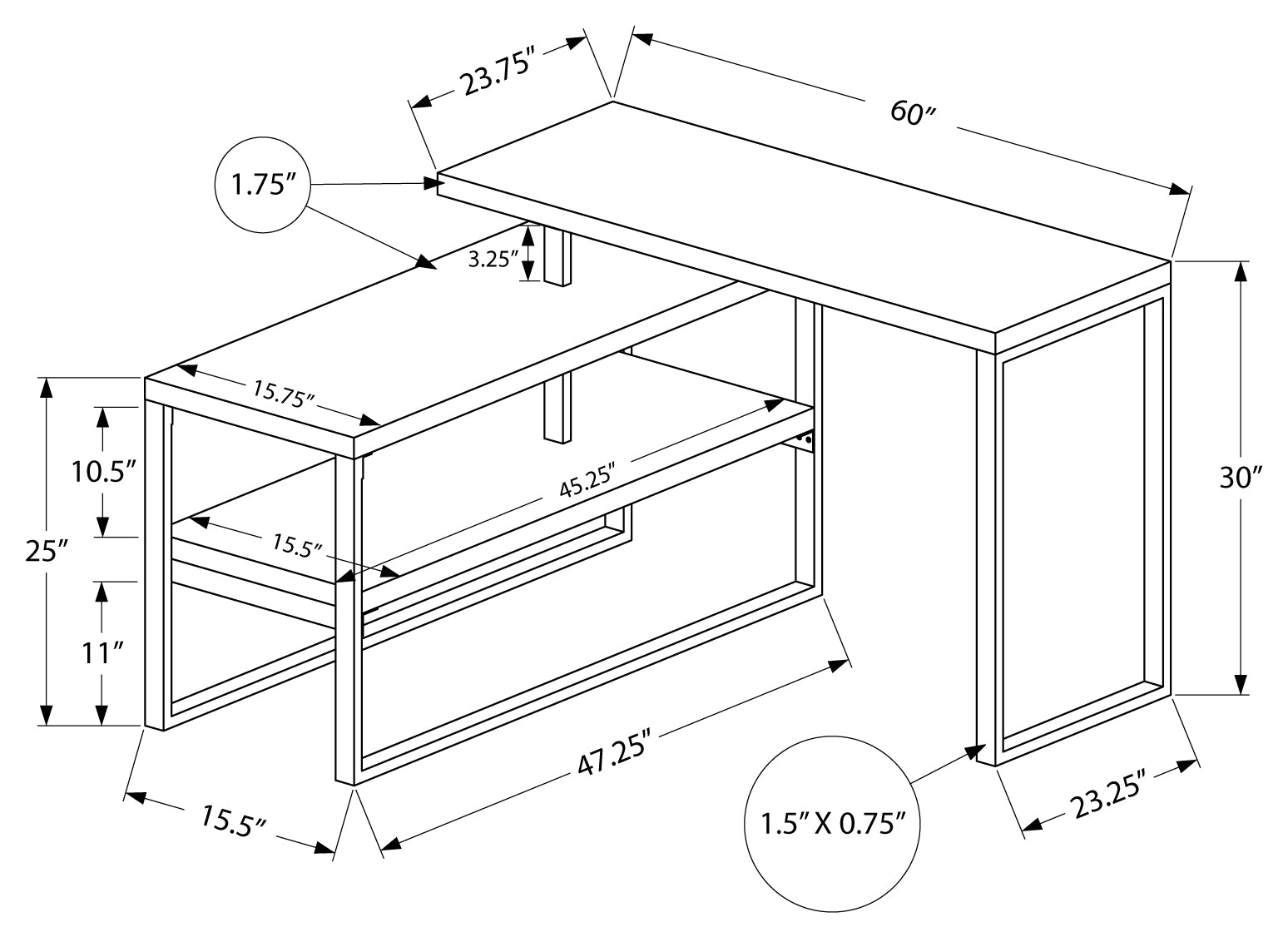 BUREAU D'ORDINATEUR - 60"L / BLANC / MÉTAL ARGENTÉ COIN G/D