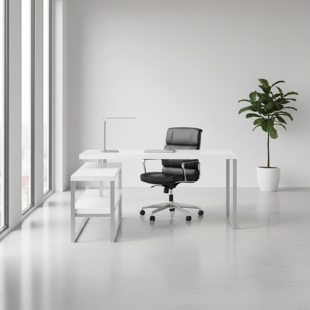 BUREAU D'ORDINATEUR - 60"L / BLANC / MÉTAL ARGENTÉ COIN G/D