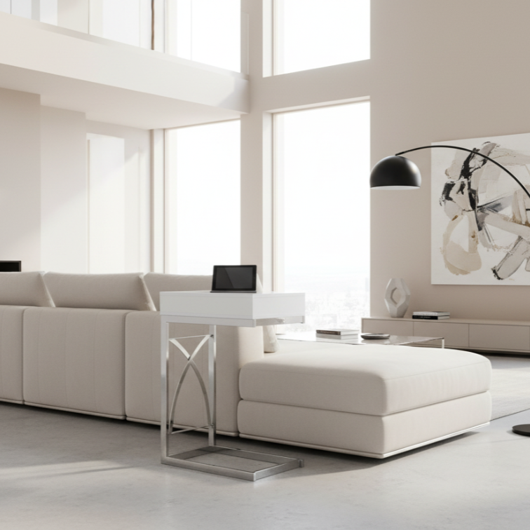 ACCENT TABLE - CHROME METAL / GLOSSY WHITE WITH A DRAWER