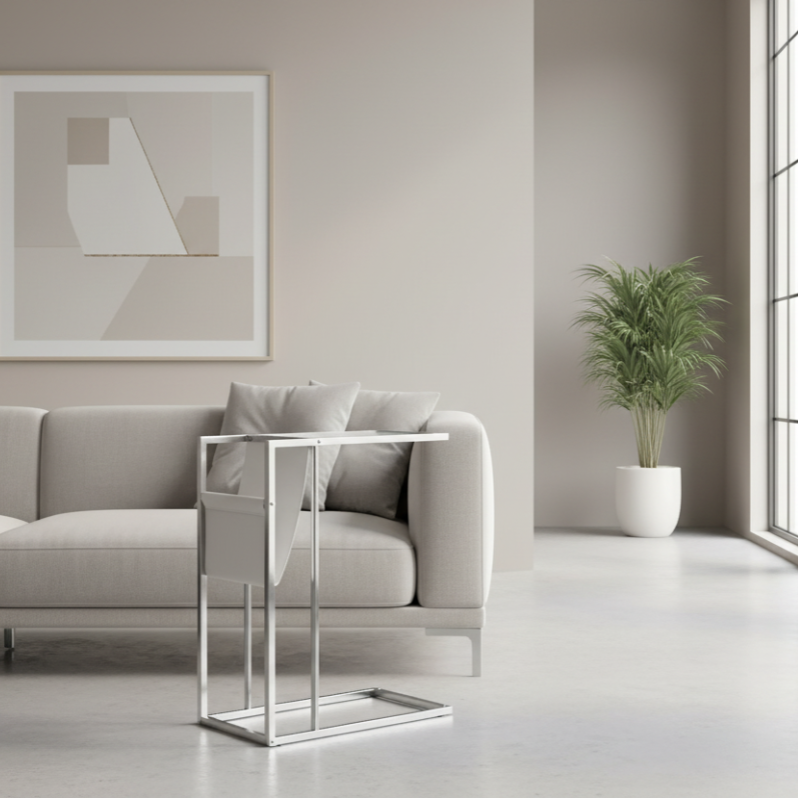 ACCENT TABLE - WHITE / CHROME METAL WITH A MAGAZINE RACK