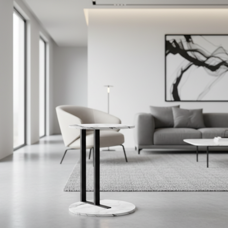 ACCENT TABLE - 24"H / WHITE MARBLE-LOOK / BLACK METAL
