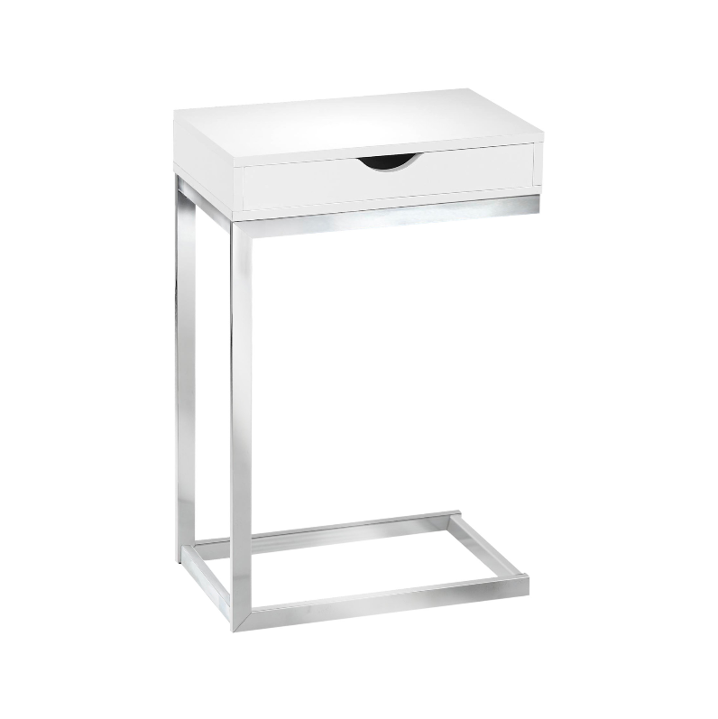 ACCENT TABLE - CHROME METAL / GLOSSY WHITE WITH A DRAWER