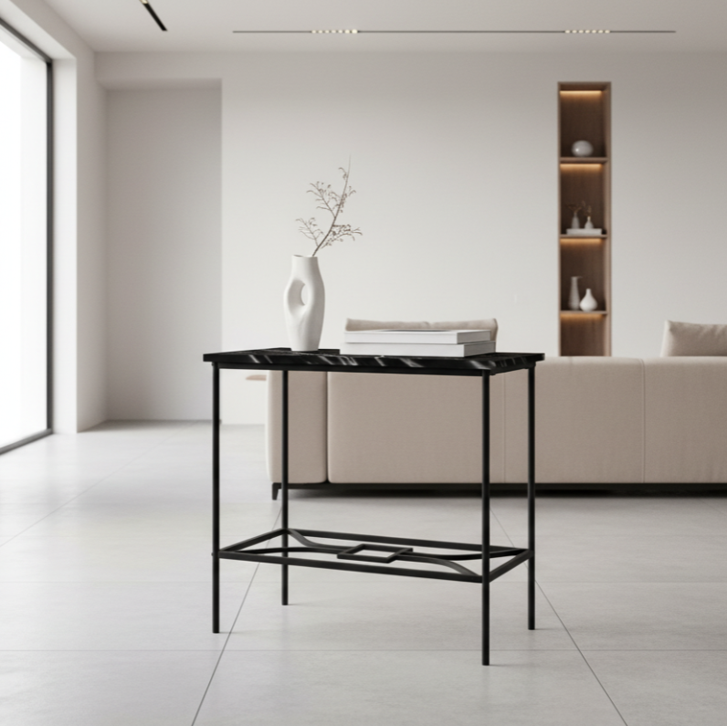 ACCENT TABLE - 22"H / BLACK MARBLE / BLACK METAL