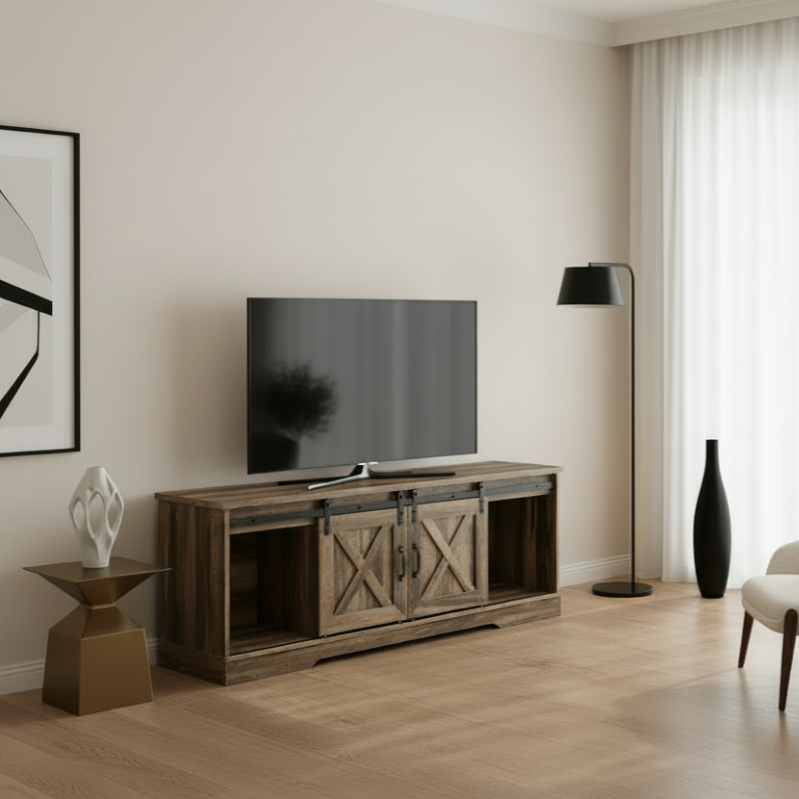 TV STAND - 60"L / BROWN RECLAIMED-LOOK / 2 SLIDING DOORS