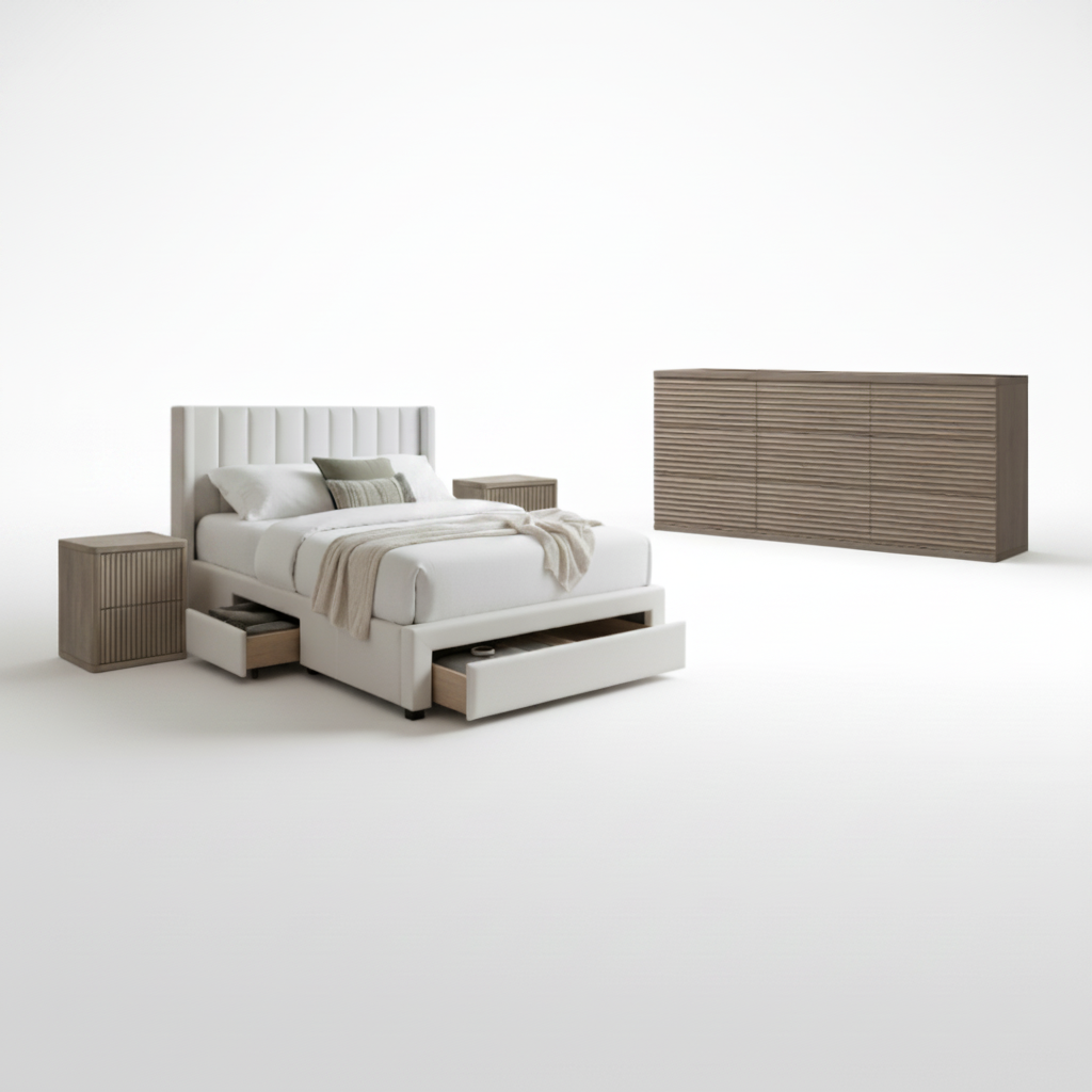 Modern Fluted Bedroom Set – Bed + 2 Nightstands + 3-Drawer Dresser