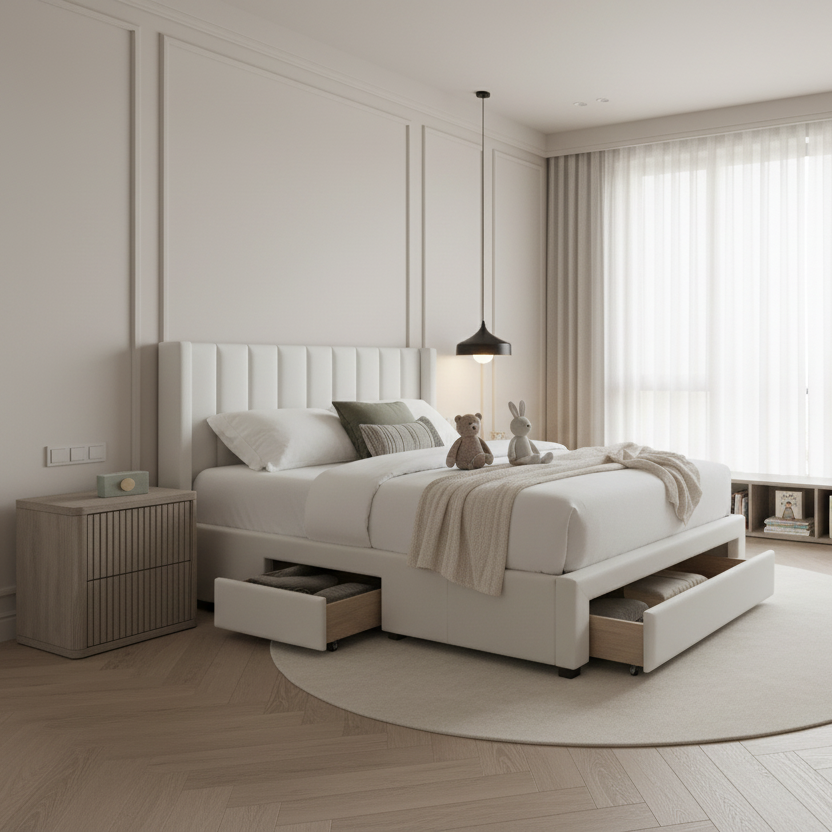 Modern Fluted Bedroom Set – Bed + 2 Nightstands + 3-Drawer Dresser