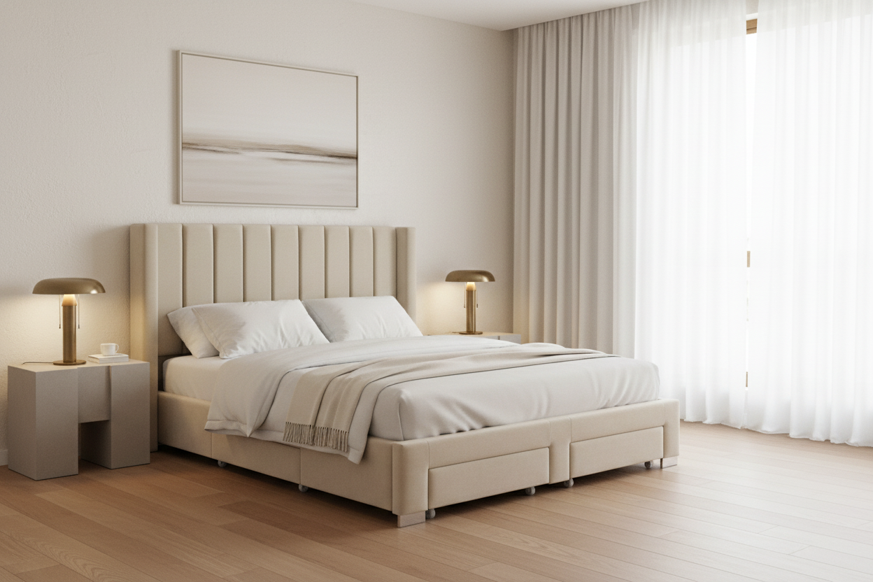 IF-5312 Creme Velvet Fabric Wing Bed