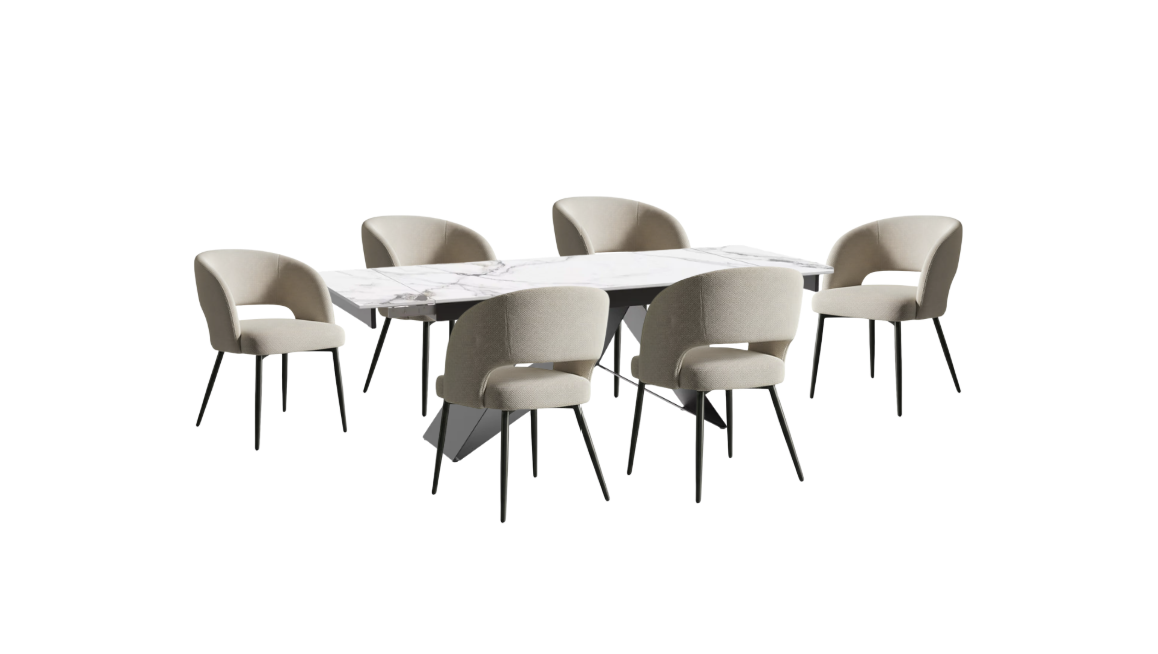 T1545 marble-look dining table with six upholstered C-1644 chairs