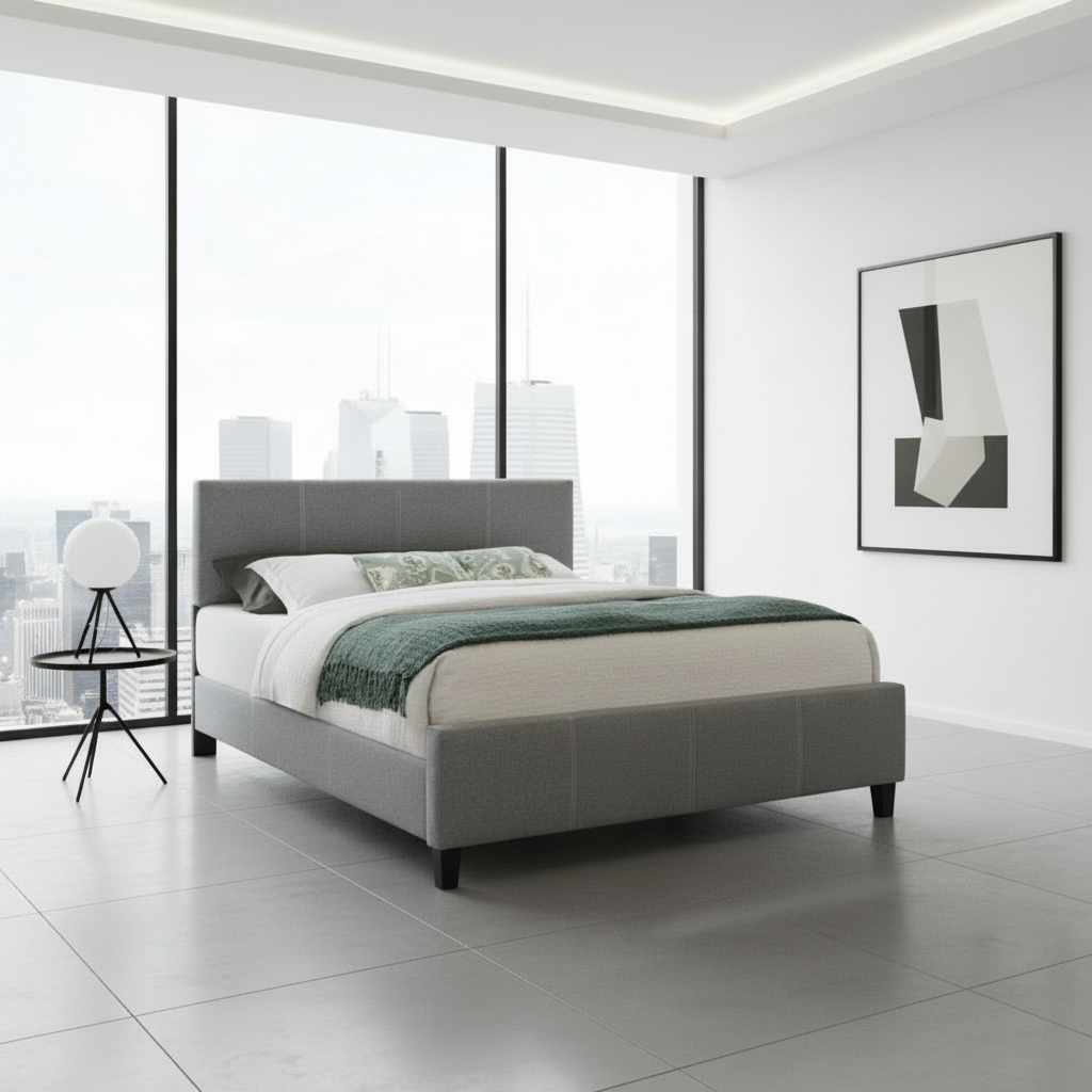 IF-137 Lit en tissu gris avec coutures contrastées