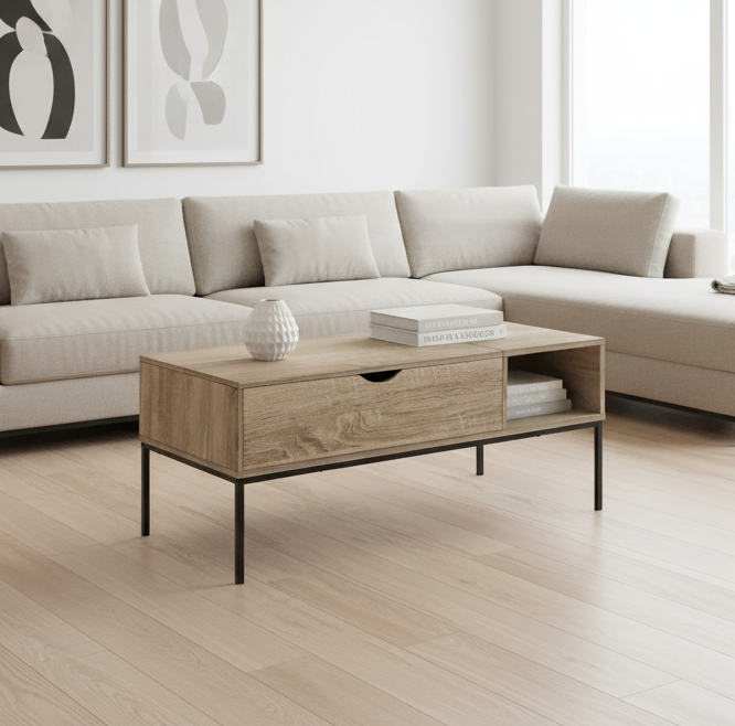 TABLE BASSE - 42"L / PLATEAU RELEVABLE TAUPE FONCÉ / MÉTAL NOIR