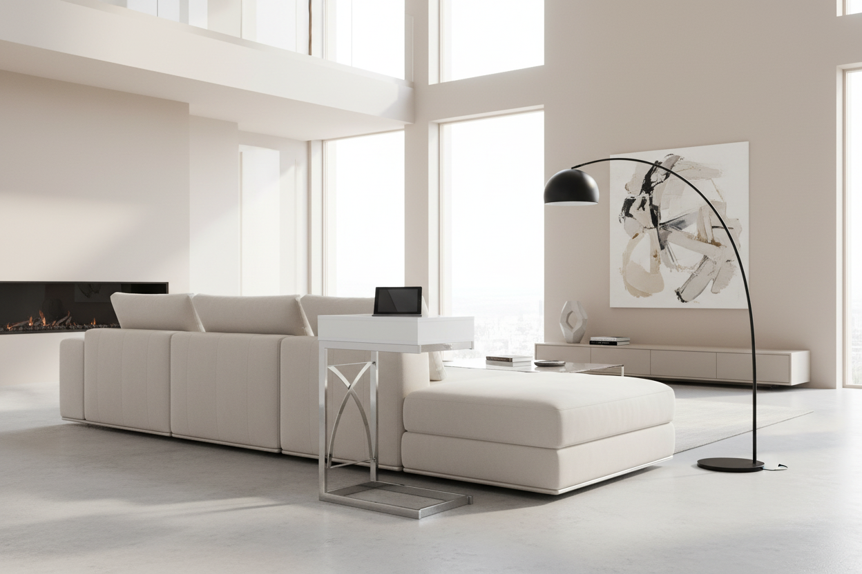 TABLE D'APPOINT - MÉTAL CHROME / BLANC BRILLANT AVEC TIROIR