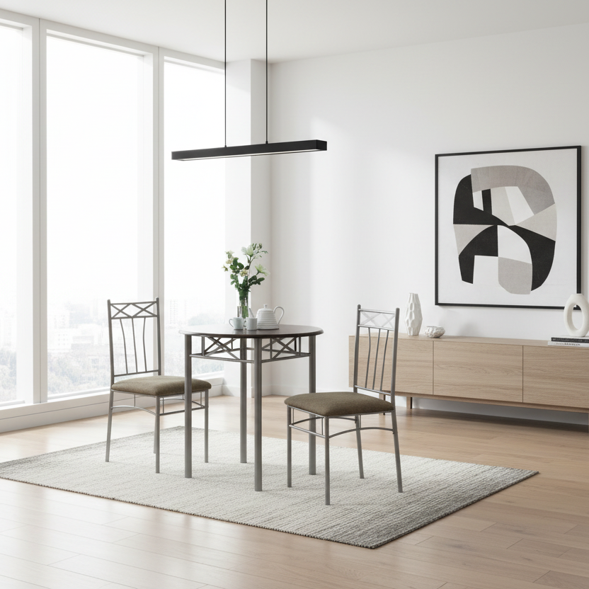 DINING SET - 3PCS SET / ESPRESSO / SILVER METAL