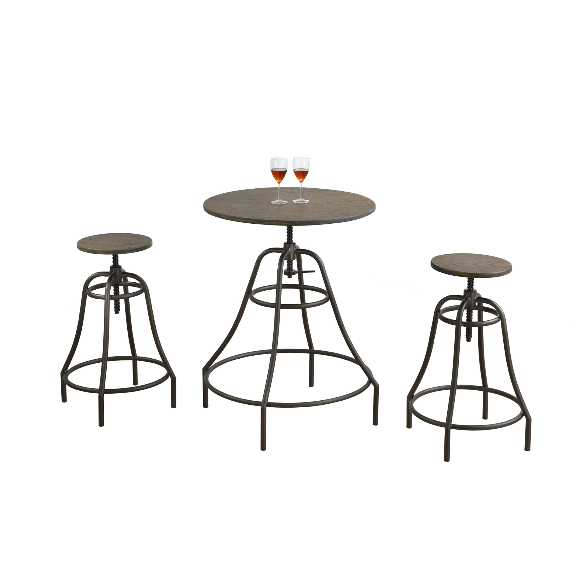 DINING SET - 3PCS SET / DISTRESSED BROWN / BRONZE METAL