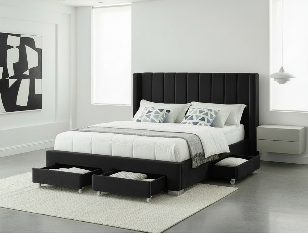 IF-5313 Black Velvet Fabric Wing Bed