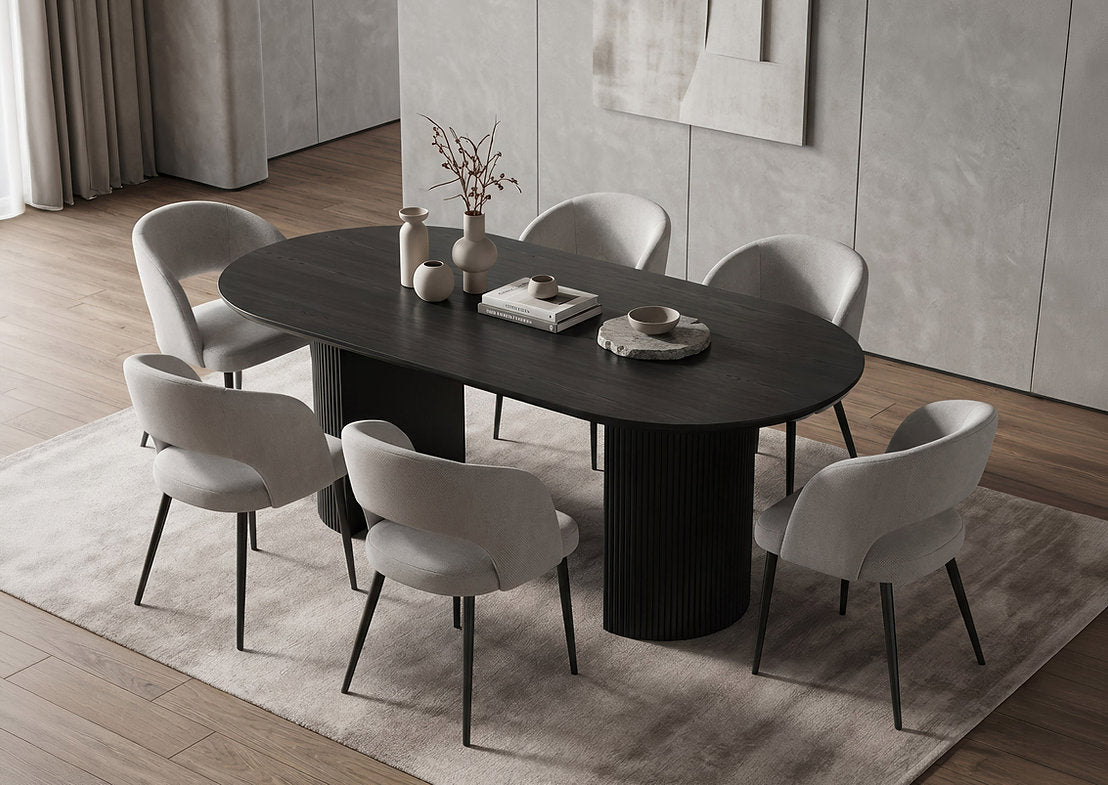 T-1643 | Oval Dining Table | Matte Black Fluted Pedestal Base