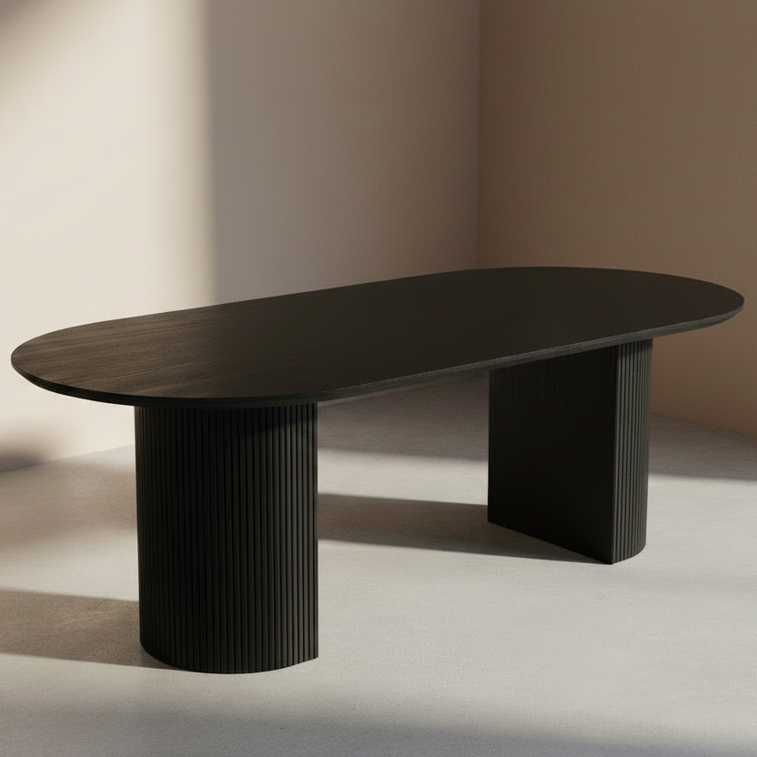 T-1643 | Oval Dining Table | Matte Black Fluted Pedestal Base