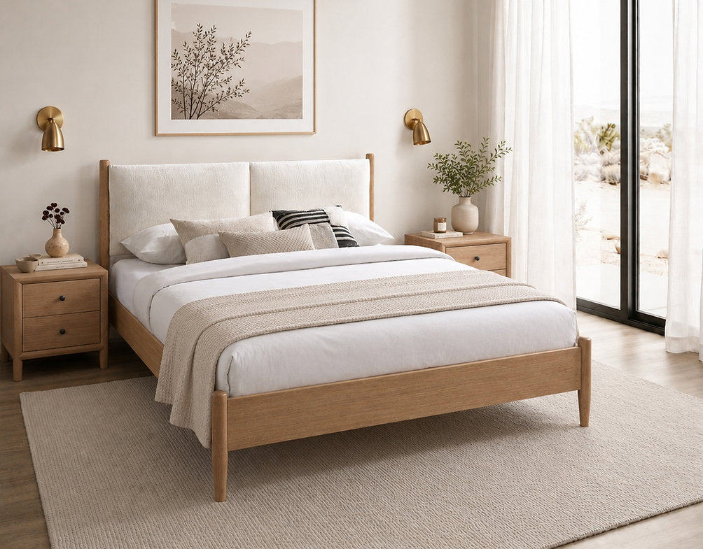IF-5915 | Scandinavian Platform Bed | Oak Frame & Upholstered Headboard