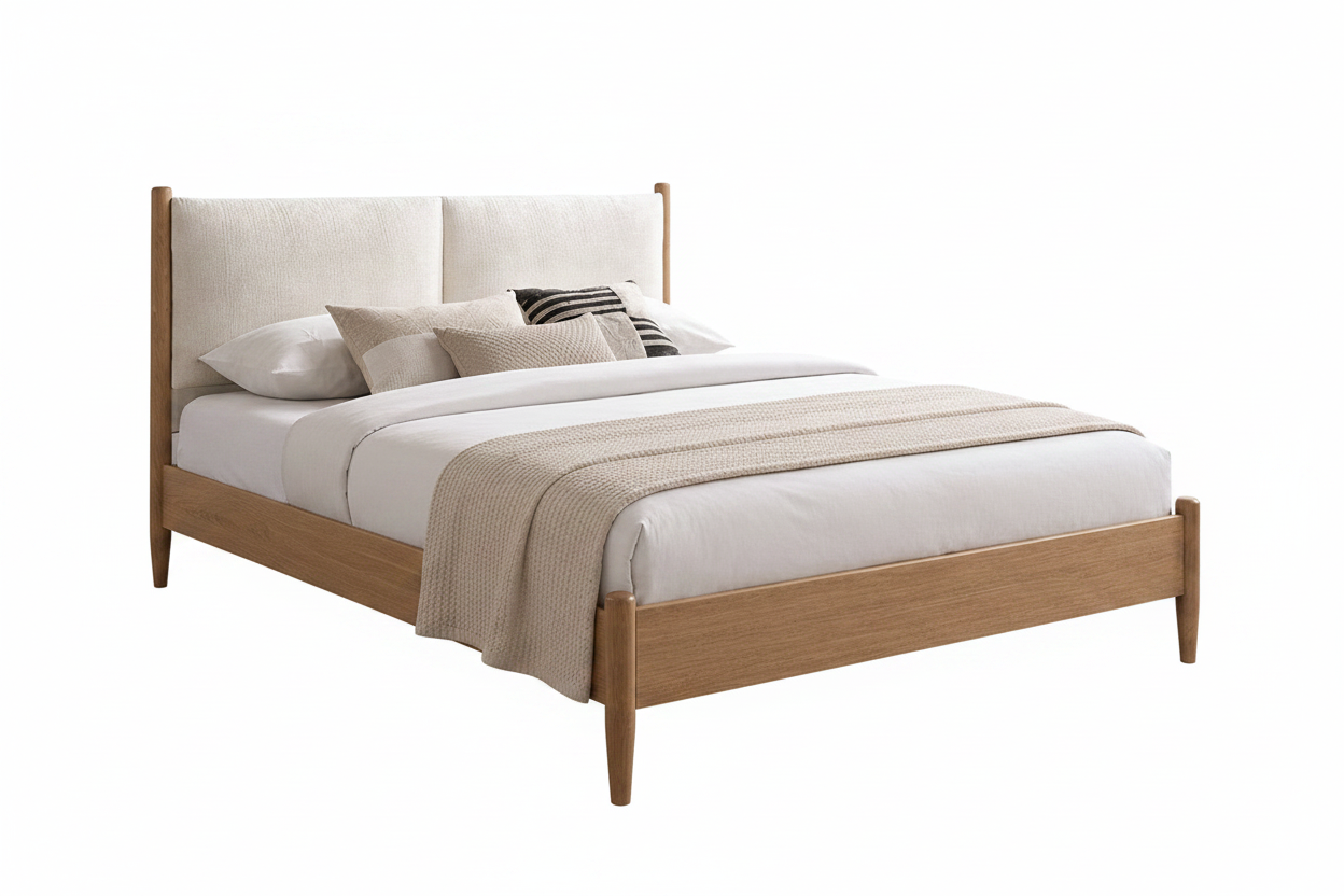 IF-5915 | Scandinavian Platform Bed | Oak Frame & Upholstered Headboard