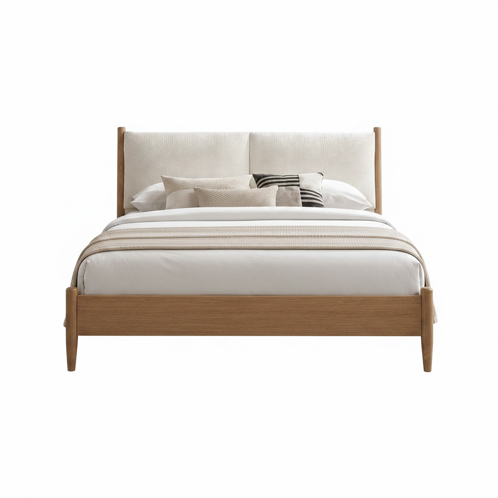 IF-5915 | Scandinavian Platform Bed | Oak Frame & Upholstered Headboard
