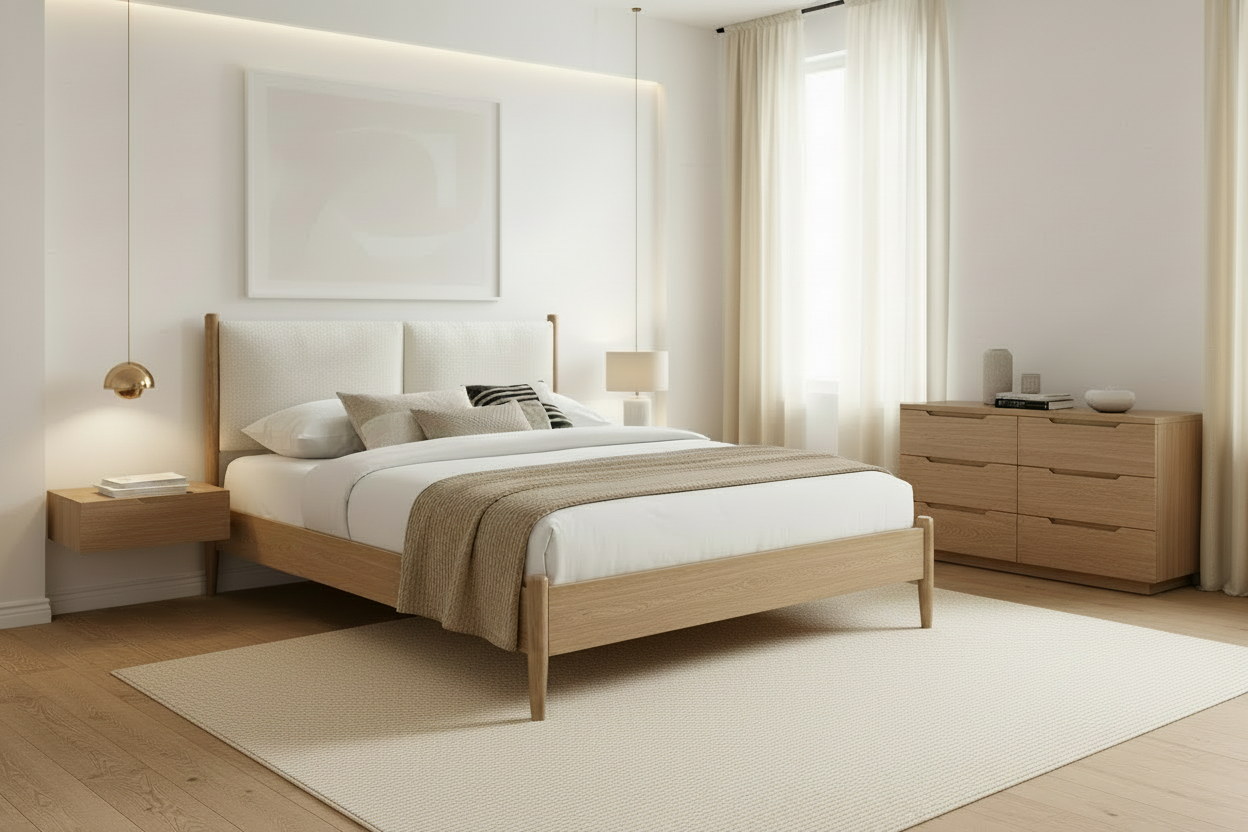 IF-5915 | Scandinavian Platform Bed | Oak Frame & Upholstered Headboard