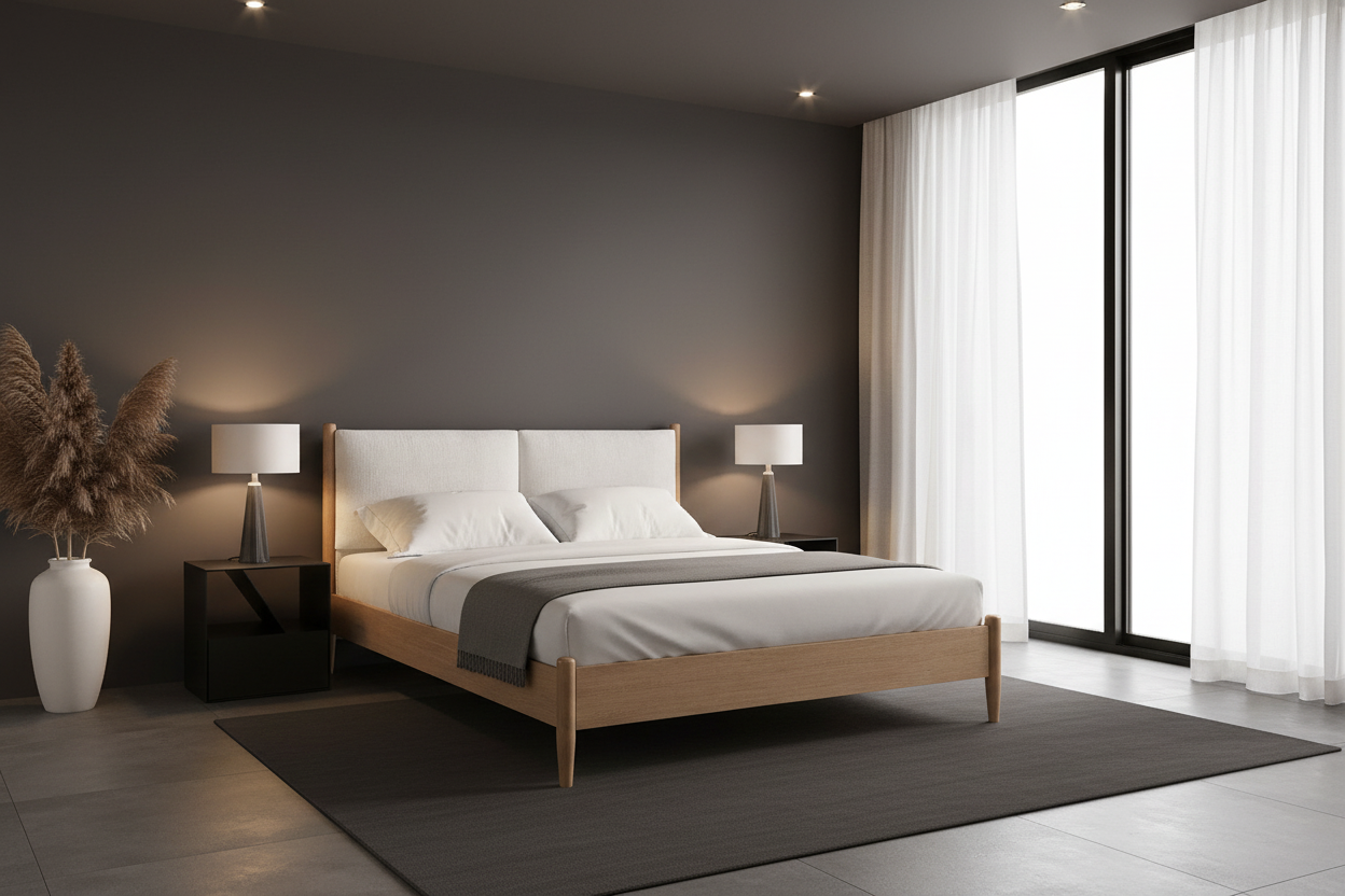 IF-5915 | Scandinavian Platform Bed | Oak Frame & Upholstered Headboard