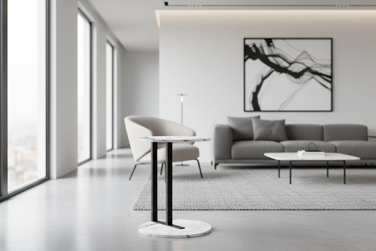 ACCENT TABLE - 24"H / WHITE MARBLE-LOOK / BLACK METAL