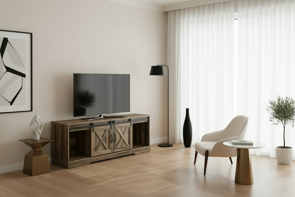 TV STAND - 60"L / BROWN RECLAIMED-LOOK / 2 SLIDING DOORS