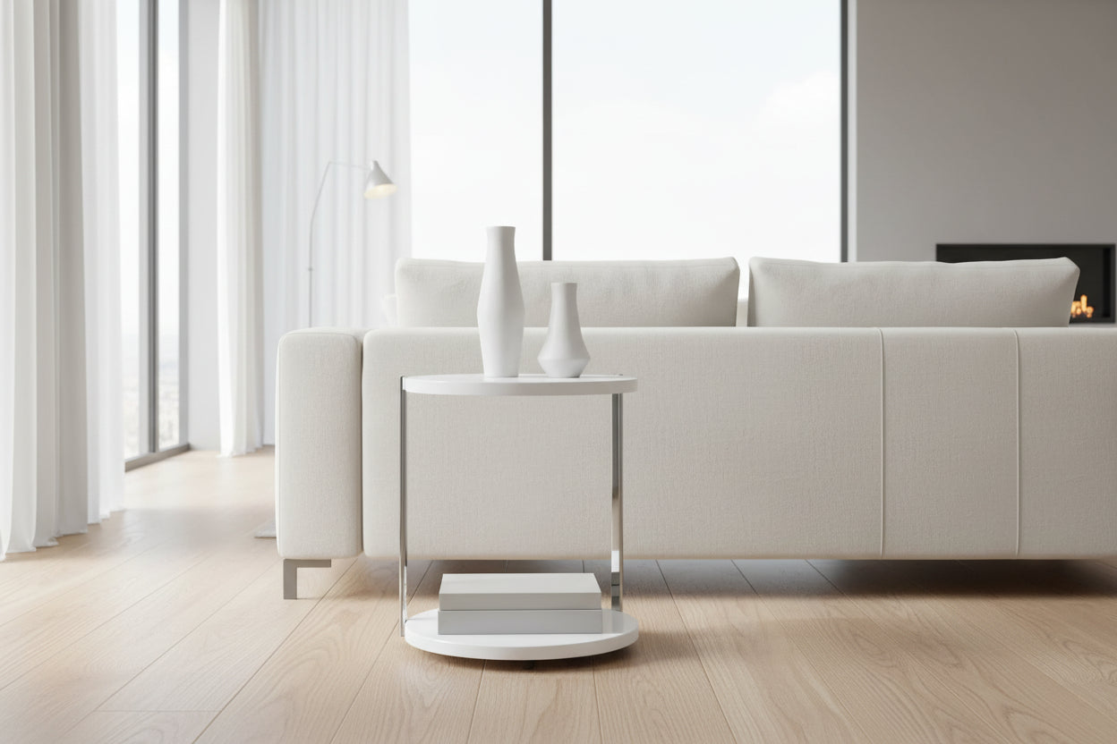 TABLE D'APPOINT - BLANC BRILLANT / MÉTAL CHROME