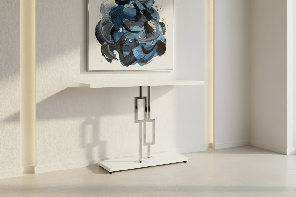 TABLE D'APPOINT - 48"L / BLANC BRILLANT / MÉTAL CHROME