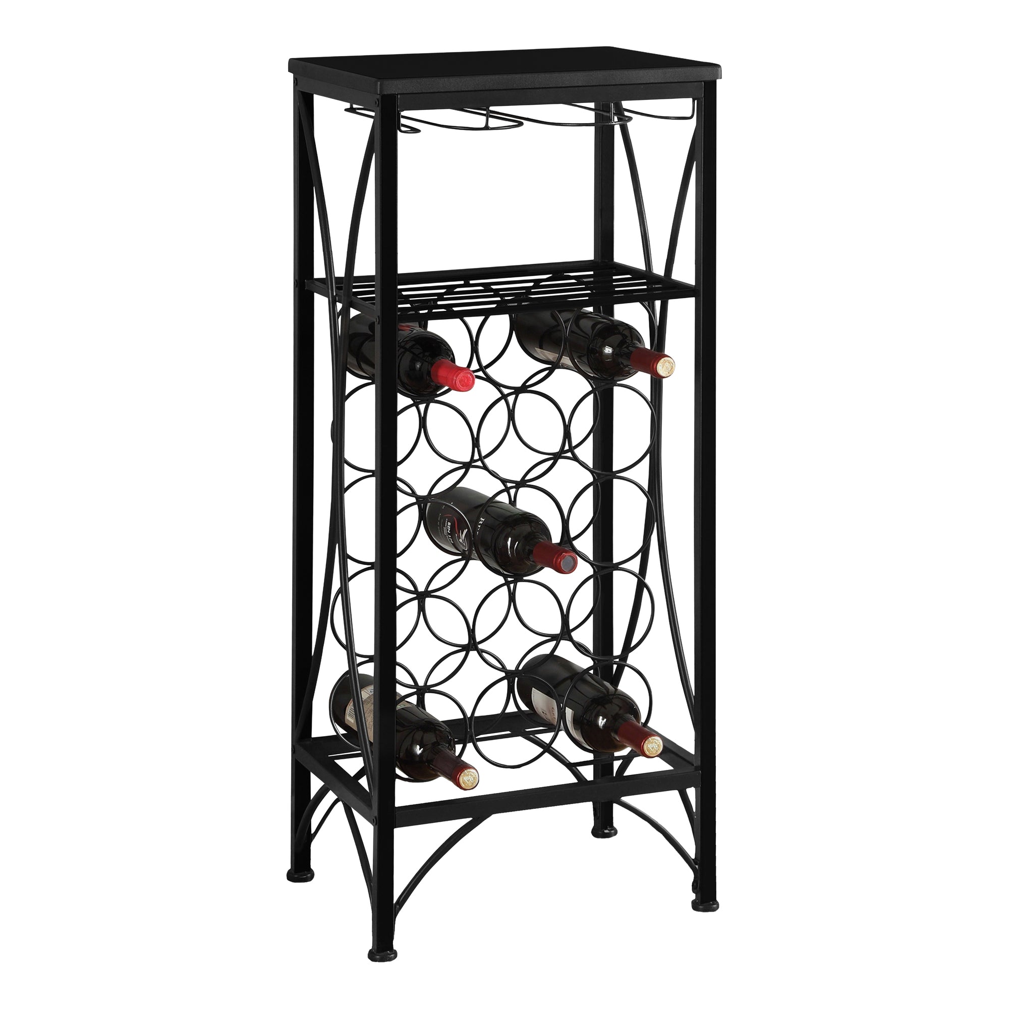 HOME BAR - 40"H / BLACK METAL WINE BOTTLE AND GLASS RACK